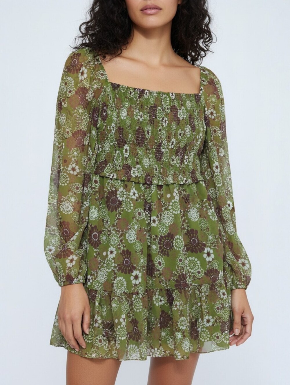 Aritzia Wilfred Tempest Smocked Floral Mini Dress Sheer Sleeve Prairie S